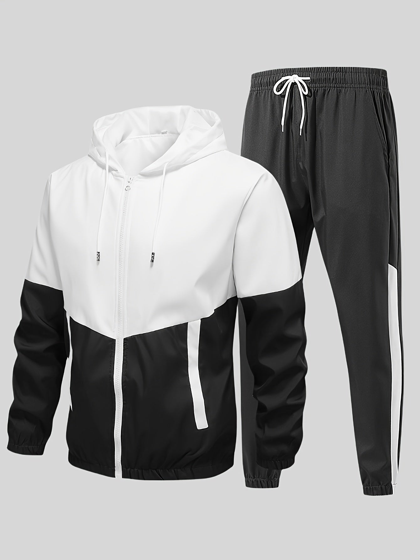 Men's Sports Suit Hooded Jacket and Pants Color Block Polyester Regular Fit