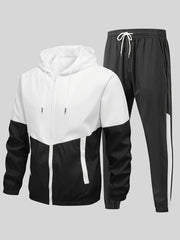 Men's Sports Suit Hooded Jacket and Pants Color Block Polyester Regular Fit