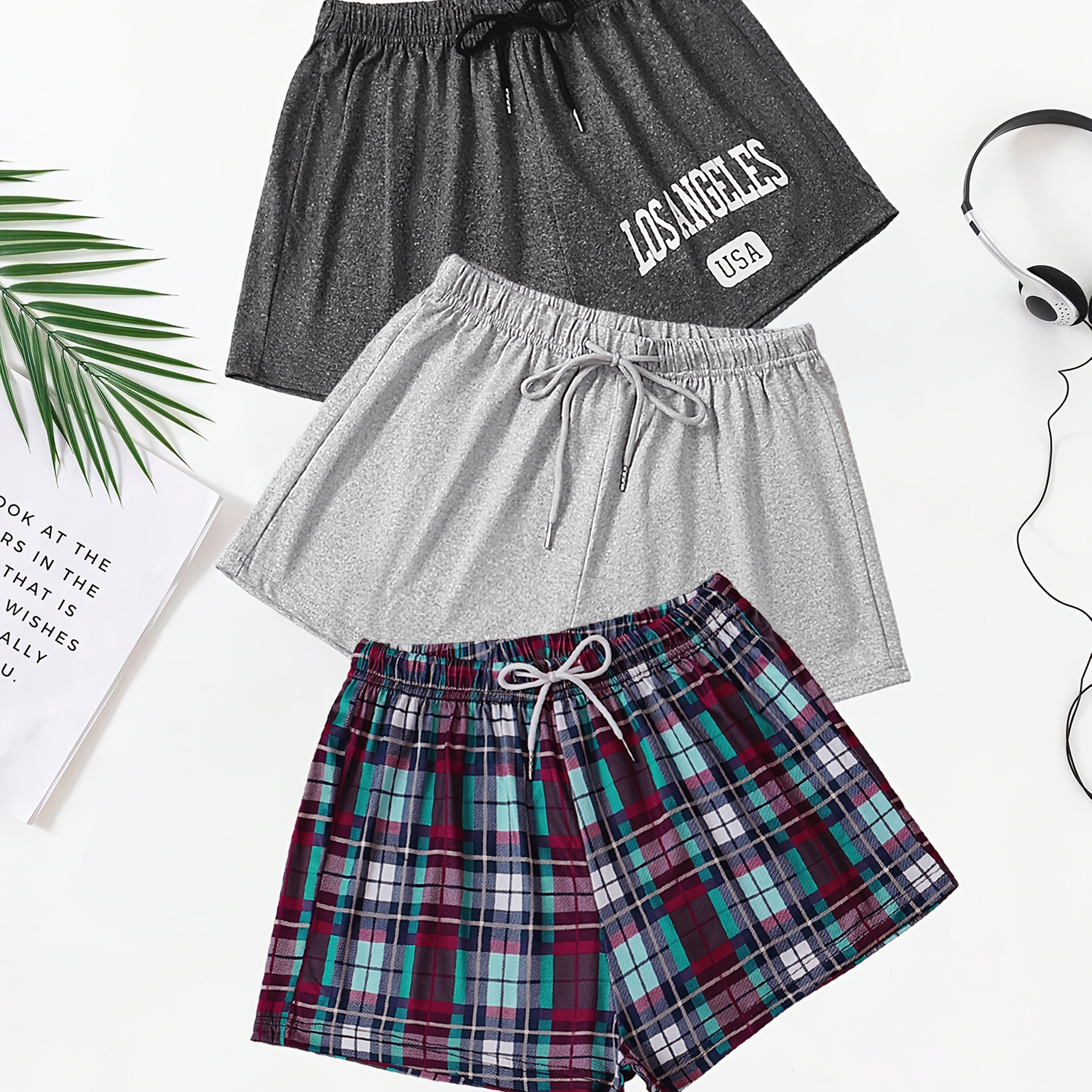 Conjunto de pantalones cortos de descanso para mujer con estampado de cuadros y letras, con cordón elástico, conjunto de ropa de descanso casual de 3 piezas