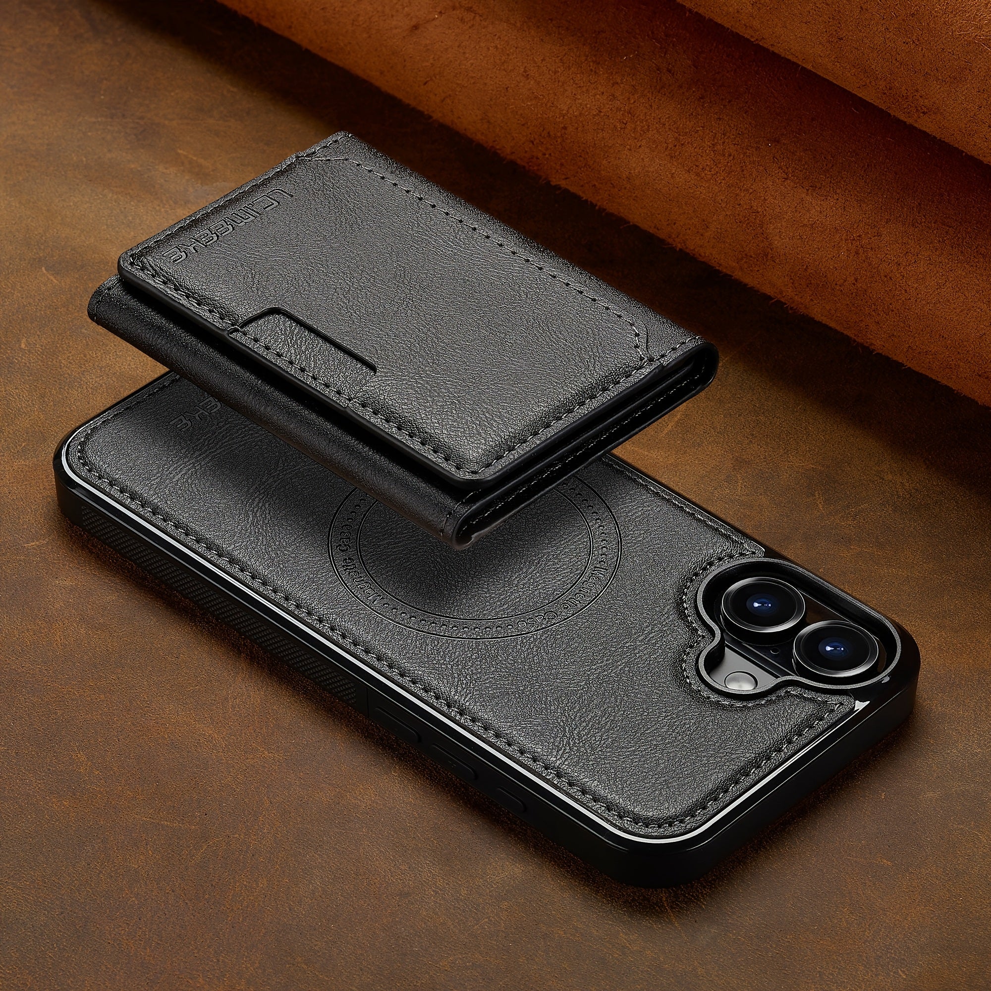 Funda de teléfono de cuero sintético desmontable para iPhone 11-16 con ranuras para tarjetas y carga inalámbrica magnética