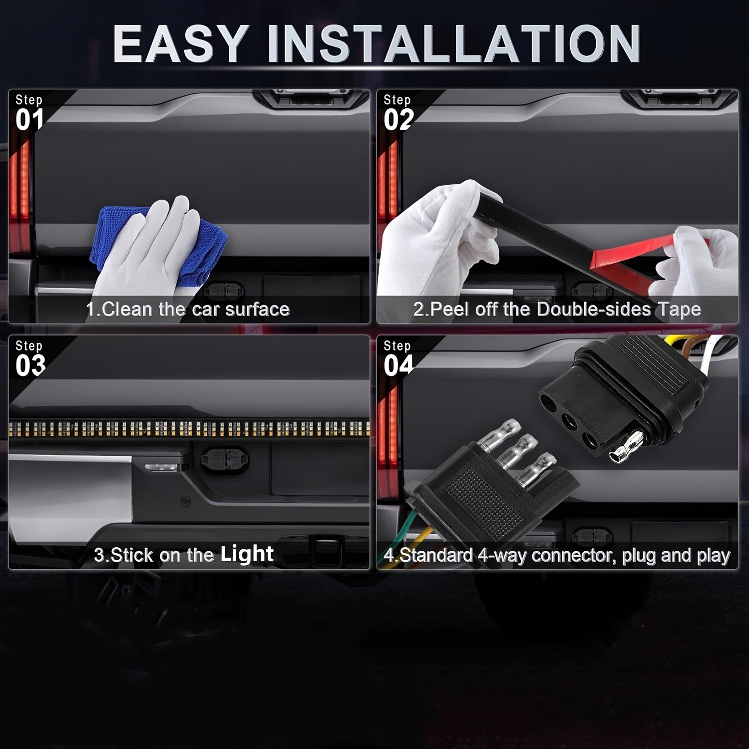 48-Inch Three-Row Tailgate Light Bar Non-Drill Easy Install Without Battery