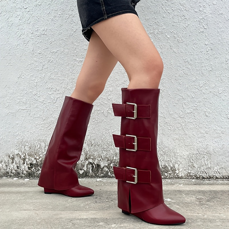 Women's Black Knee-High Boots with Buckle Straps Pointed Toe Wedge Heel