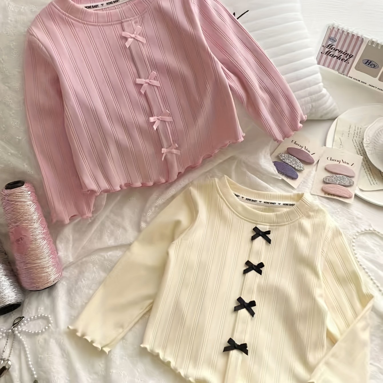 Girls Long Sleeve Knit T-Shirt with Bow Detail for Casual Wear and Outdoor Play