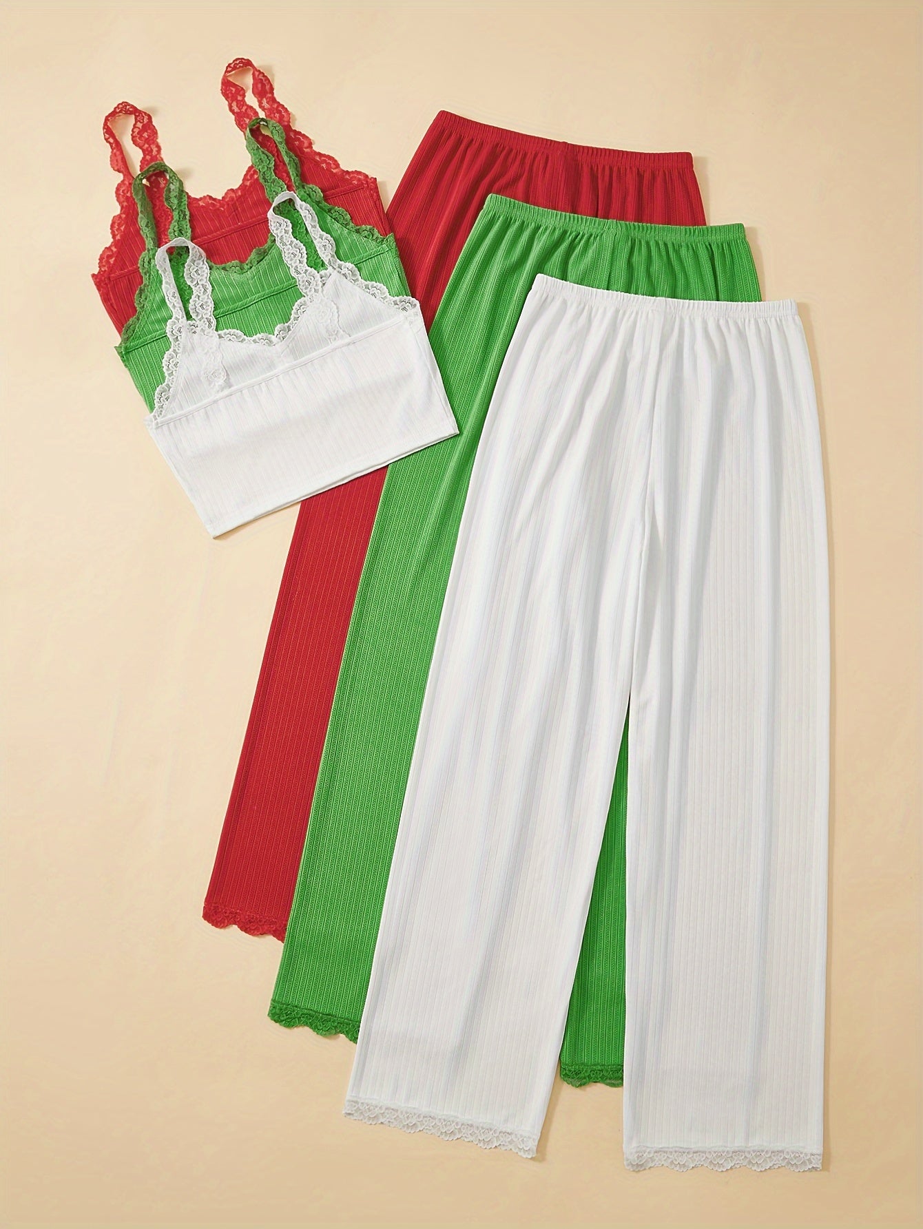 Women's Lace Trim Lounge Set V-Neck Cami Top and Elastic Waist Pants