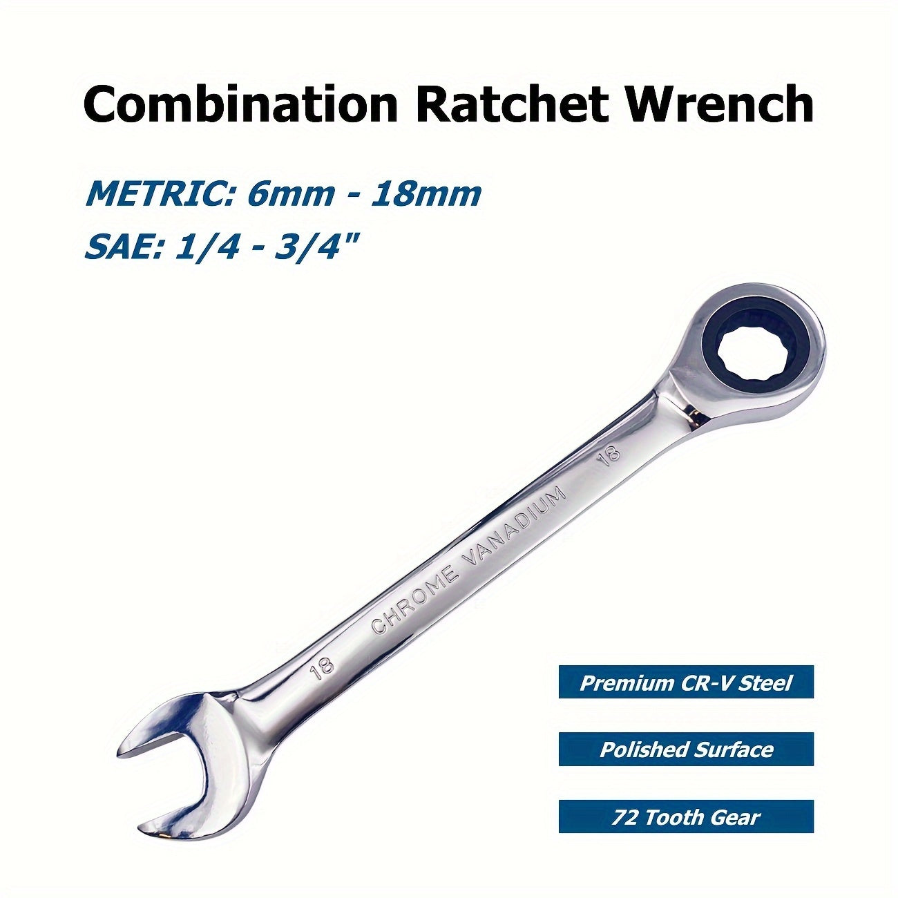Combination Wrench 8-18mm SAE Metric, 72 Teeth, CR-V Steel, Motorcycle Car Repair