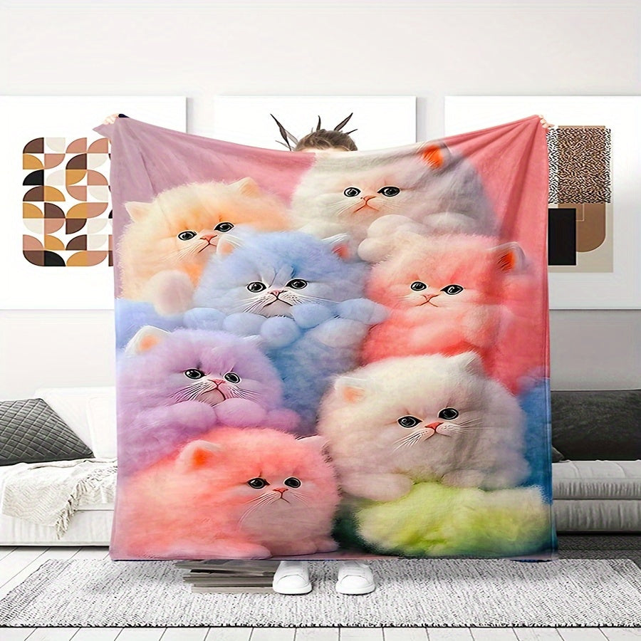 Geometric Patterned Flannel Throw Blanket with Cat Design Machine Washable Stain-Resistant All-Season Soft