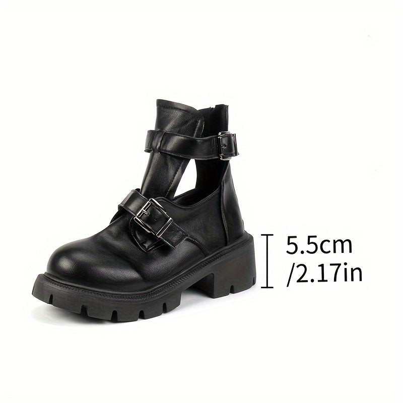 Women's Casual Short Boots Thick Heel Anti-Slip Buckle Zipper British Style