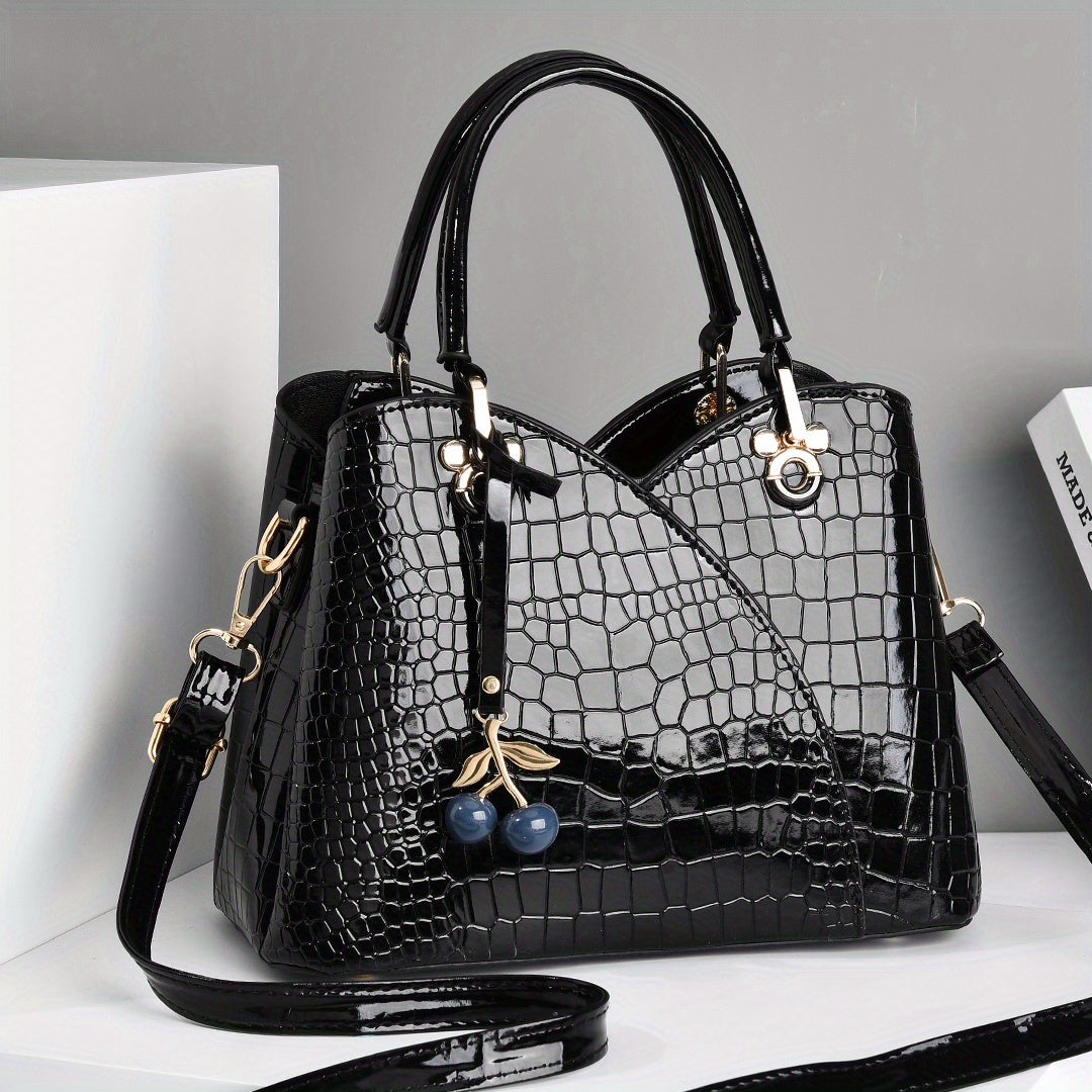 Crocodile Embossed Tote Bag with Cherry Pendant PU Checkered Zipper Closure