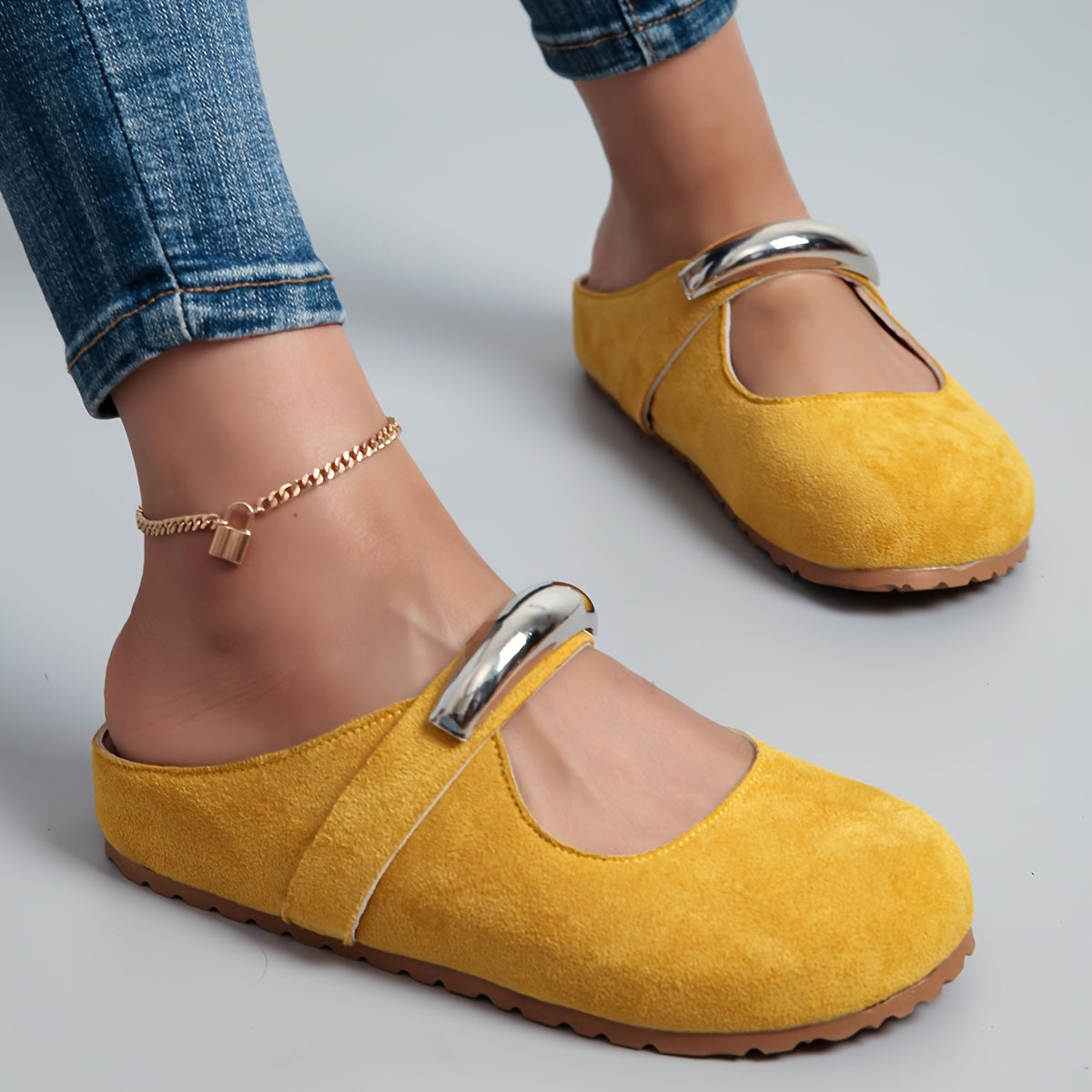 Women's Slip-On Mary Jane Shoes with Thick Platform Yellow Fabric