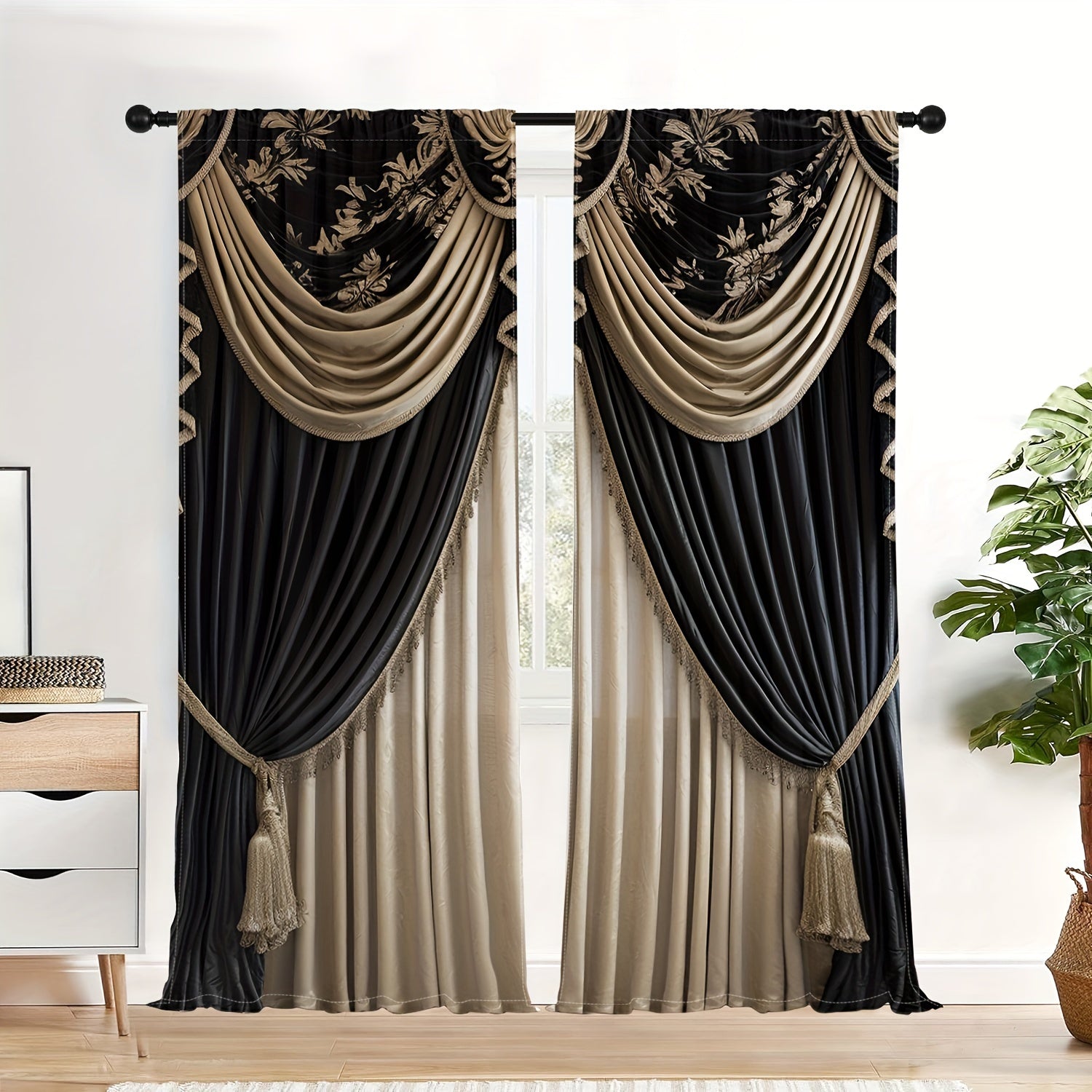 European-Inspired 3D Digital Print Curtains Set 2 Pieces Light Filtering Rod Pocket Home Decor
