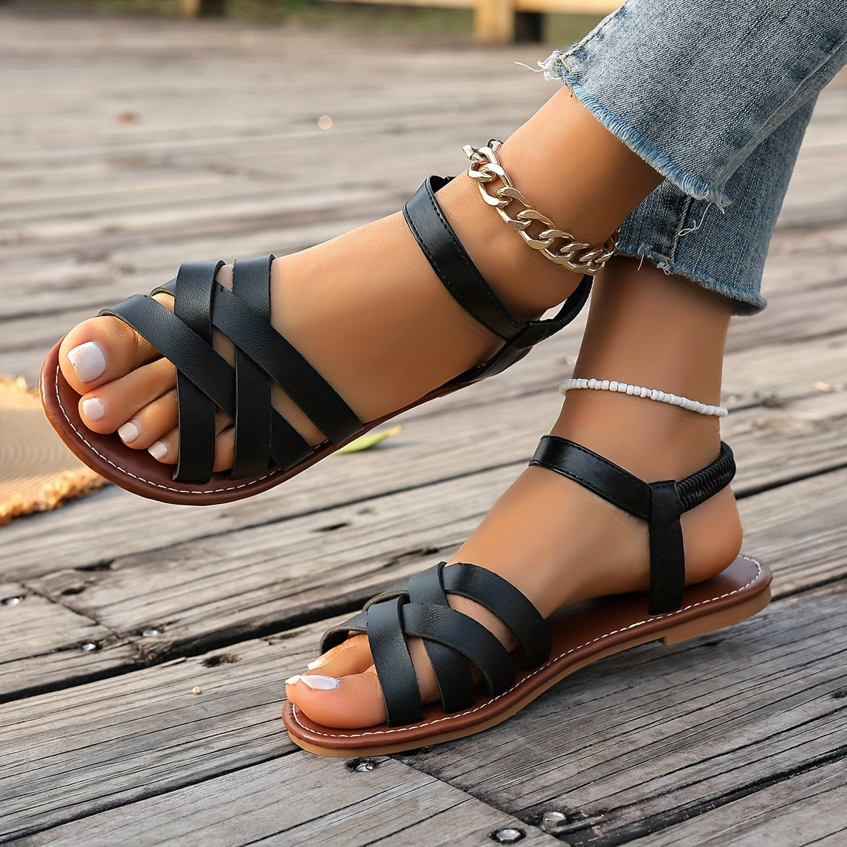 Women Black Strappy Sandals Casual Summer Open Toe Shoes
