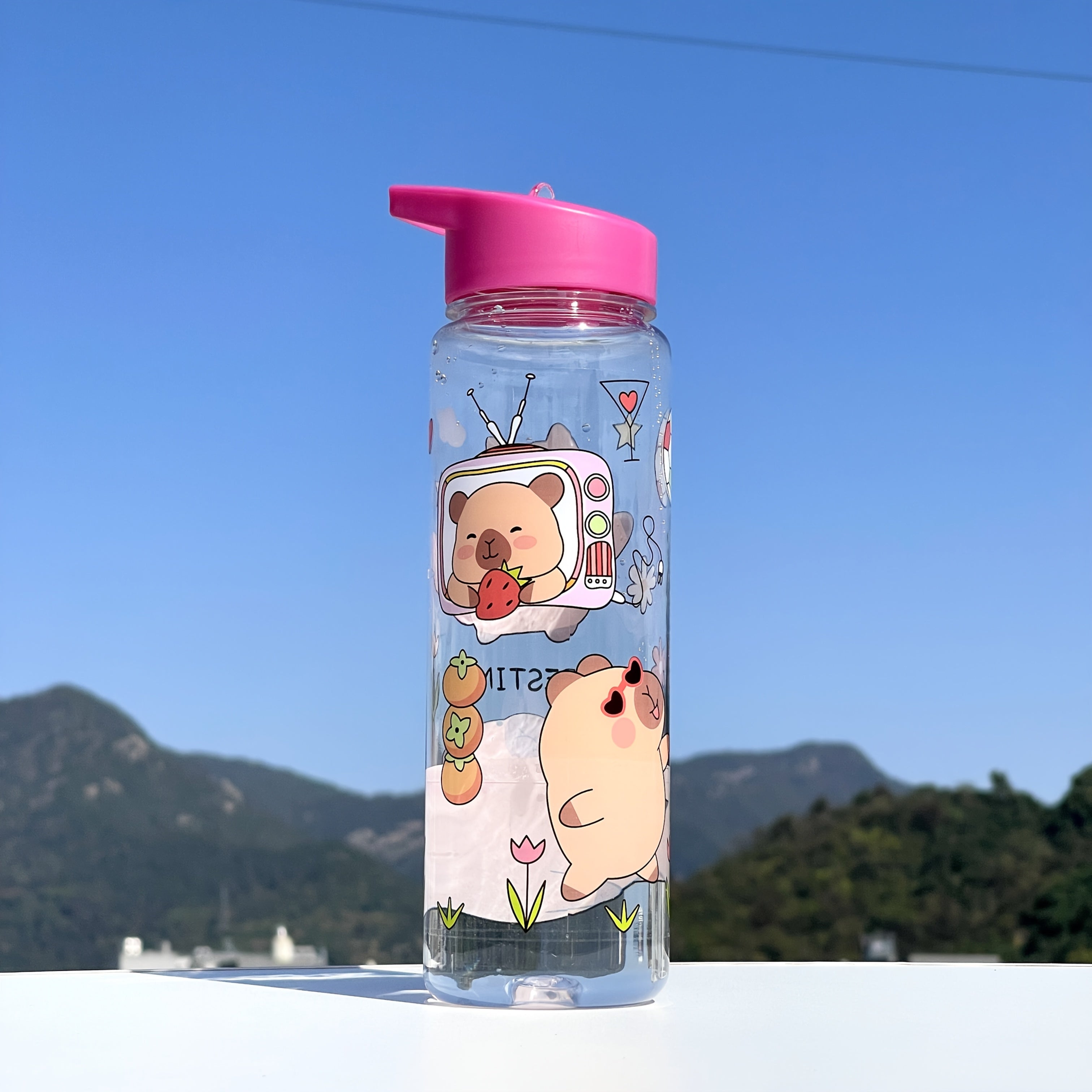 Cute Cartoon Kawaii Water Bottle PVC-Free Plastic Round Lightweight Hand Wash Climbing Sports