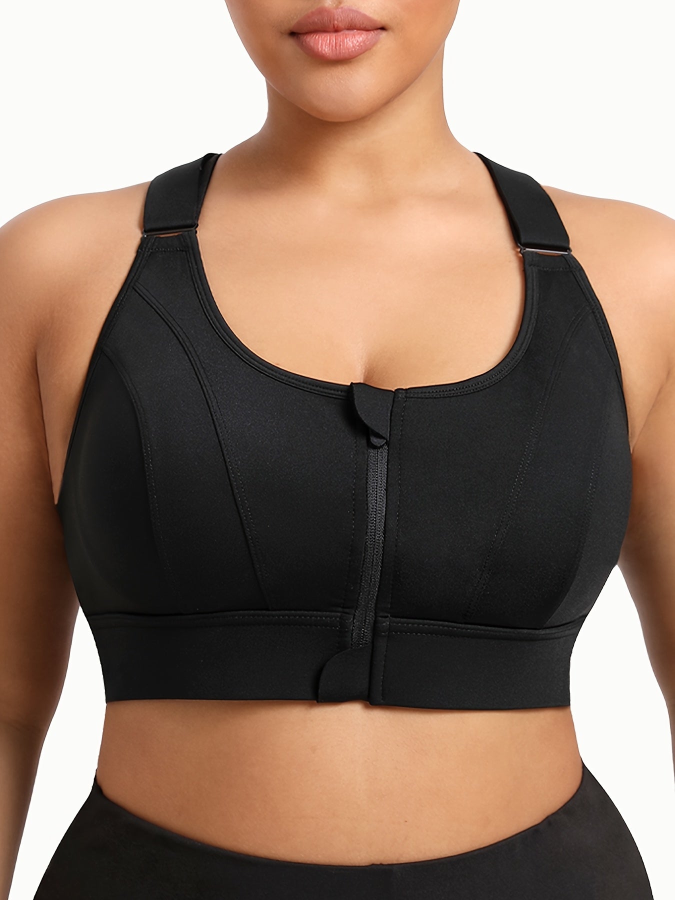 Plus Size Women's Black Sports Bra with Zipper and Adjustable Straps