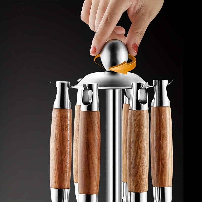 7-Piece Stainless Steel Kitchen Cookware Set with Wooden Handles and Stand