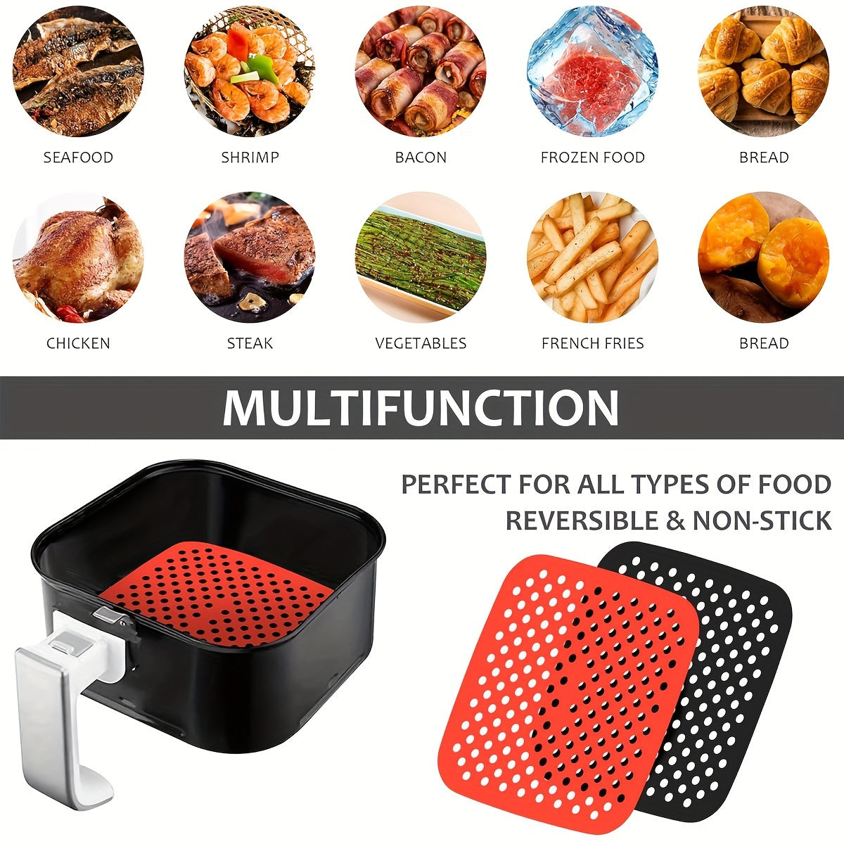 Многоразовая силиконовая подкладка для фритюрницы в красном и черном цветах, легко очищаемый, антипригарный коврик, идеально подходящий для здорового приготовления пищи, подходит для большинства фритюрниц.