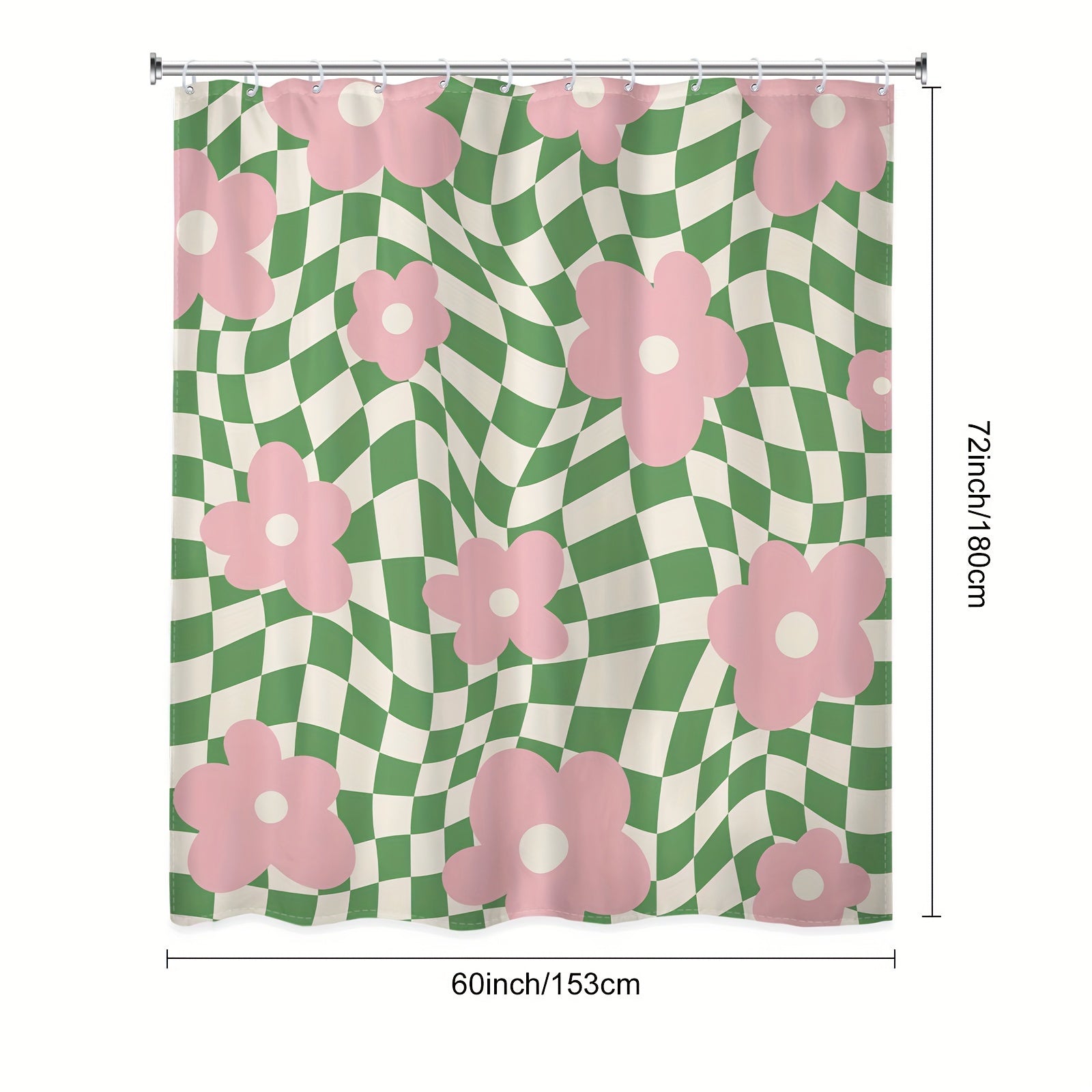 Polyester Shower Curtain Pink Green Floral Checkered 152x183 cm Waterproof Machine Washable