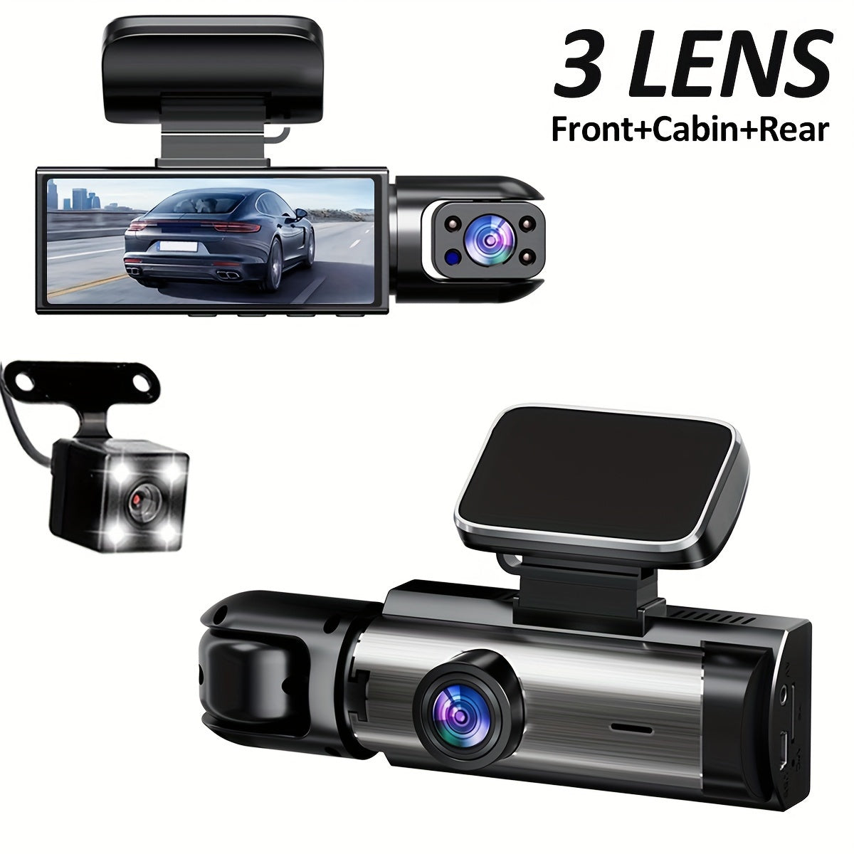 1080P Full HD 3-Channel Car Dash Cam with Front Rear Interior Cameras LED Display 32GB Memory