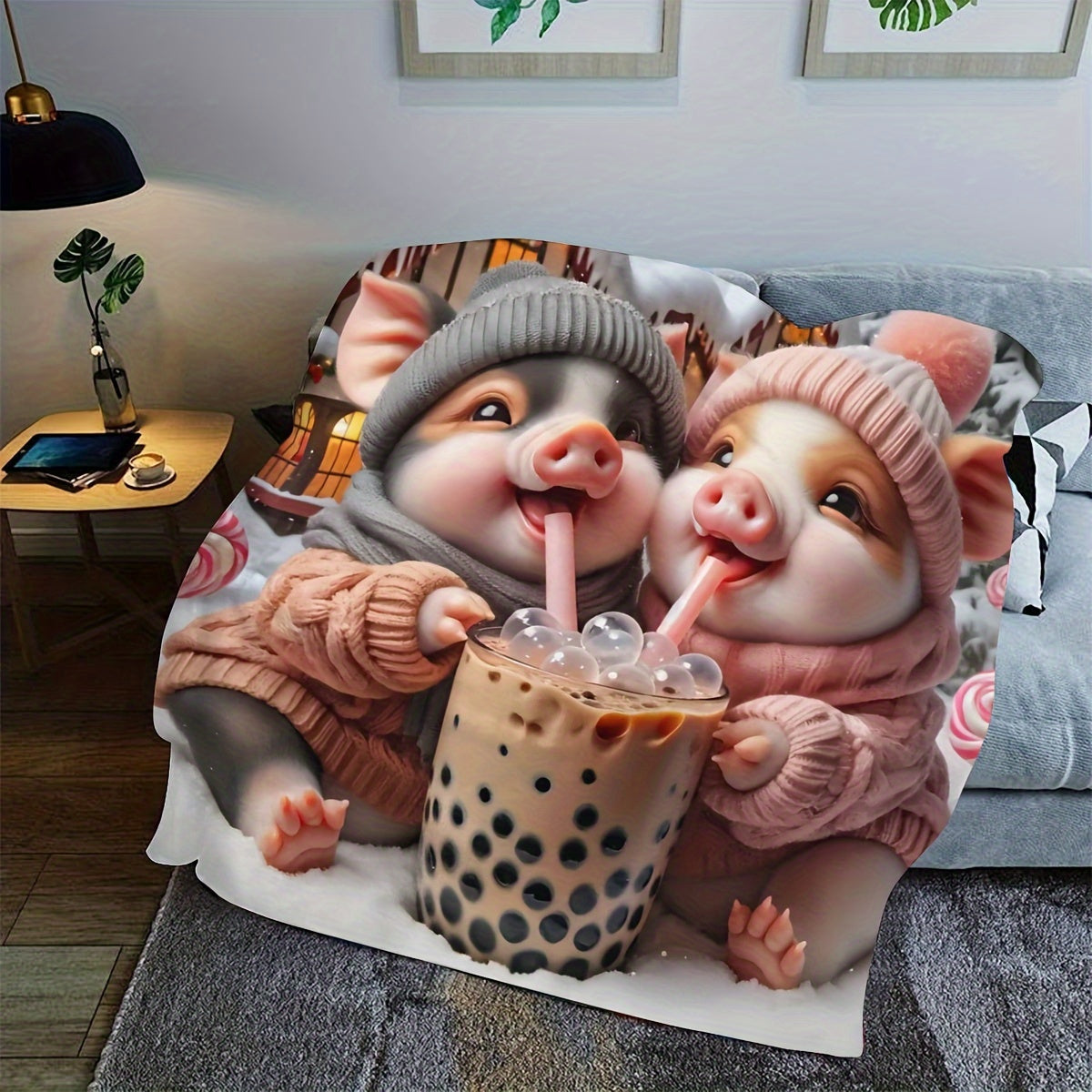 Cute Pig Bubble Tea Throw Blanket Flannel All-Season Knitted Animal Theme for Kids and Adults