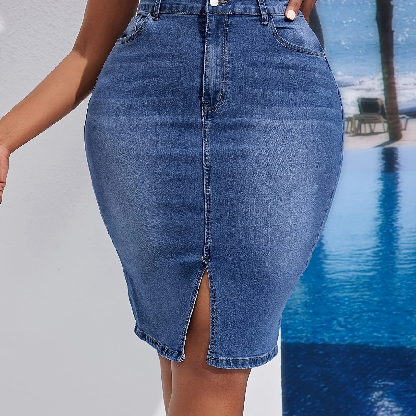 Миди-юбка из денима больших размеров с боковым разрезом, хлопок, моющаяся, синий