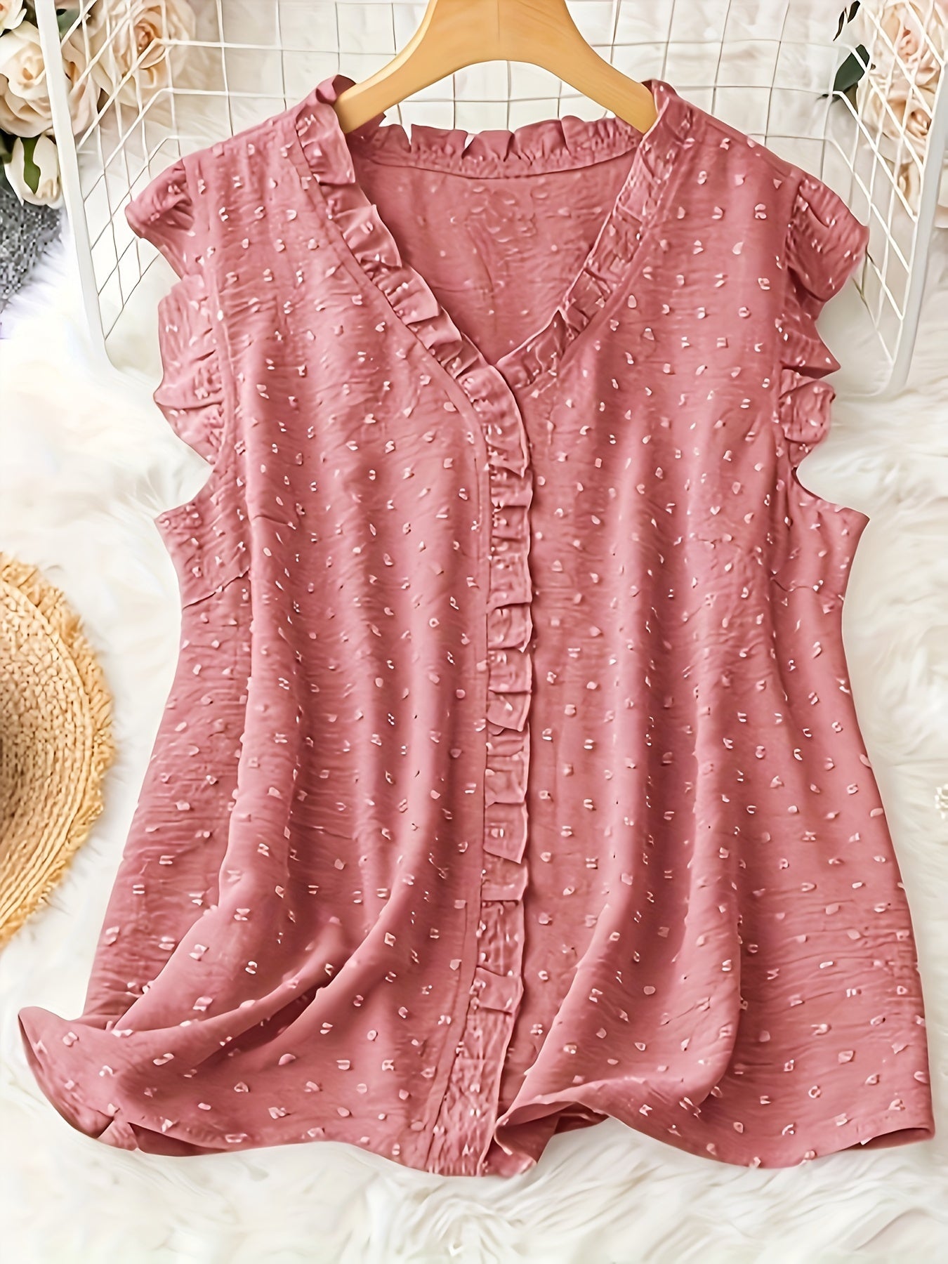 Plus Size Swiss Dot Blouse with Frill Trim V-Neck Summer Casual Women