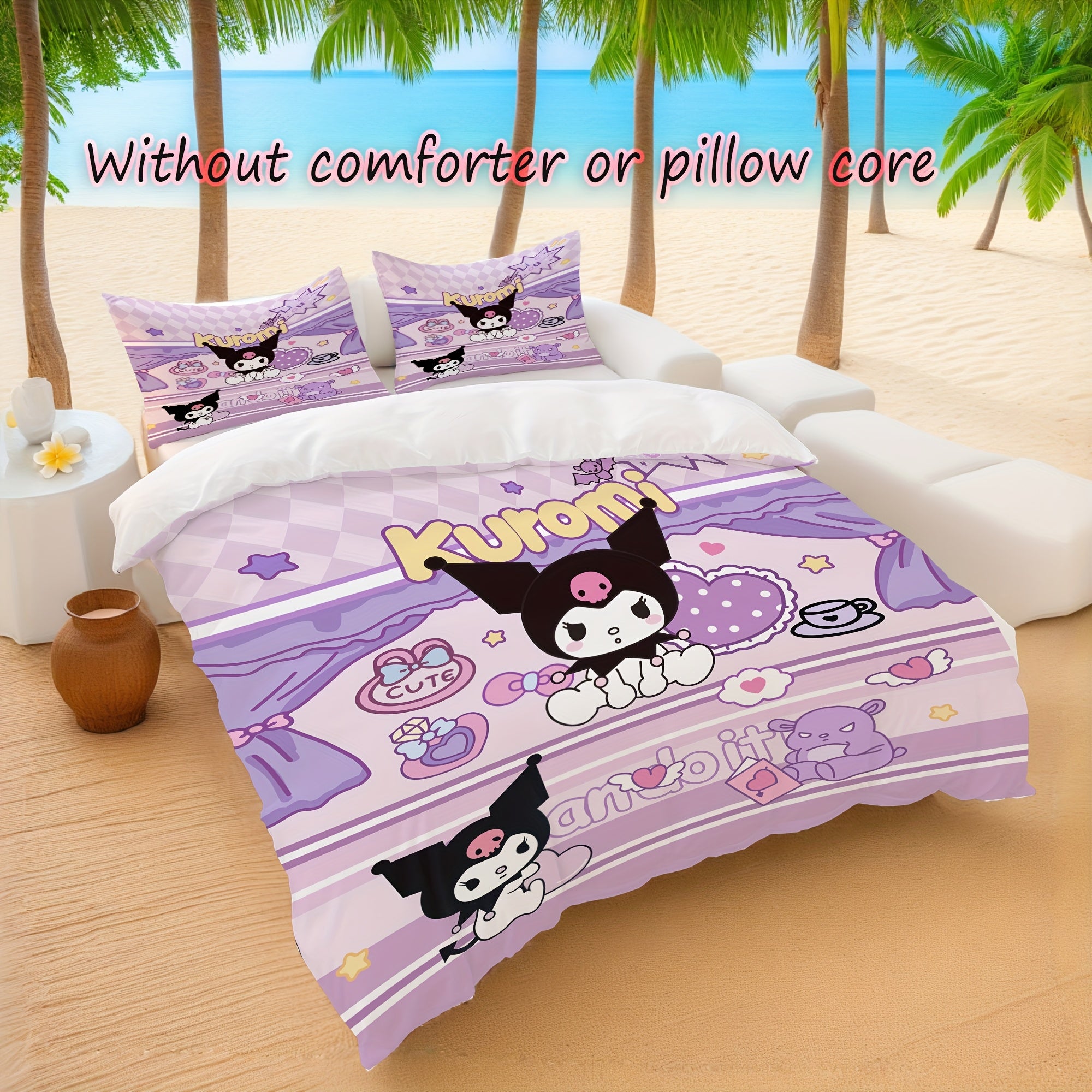 Anime Polyester Bedding Set for Teens Purple Duvet Cover with Zipper Closure