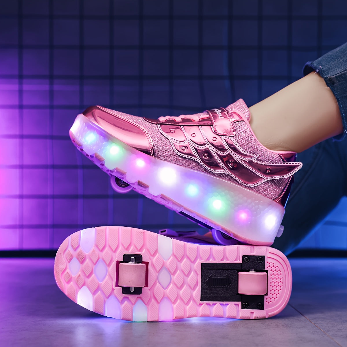 Pink Glitter LED Roller Skates for Girls and Boys with Mesh Upper and Sequins