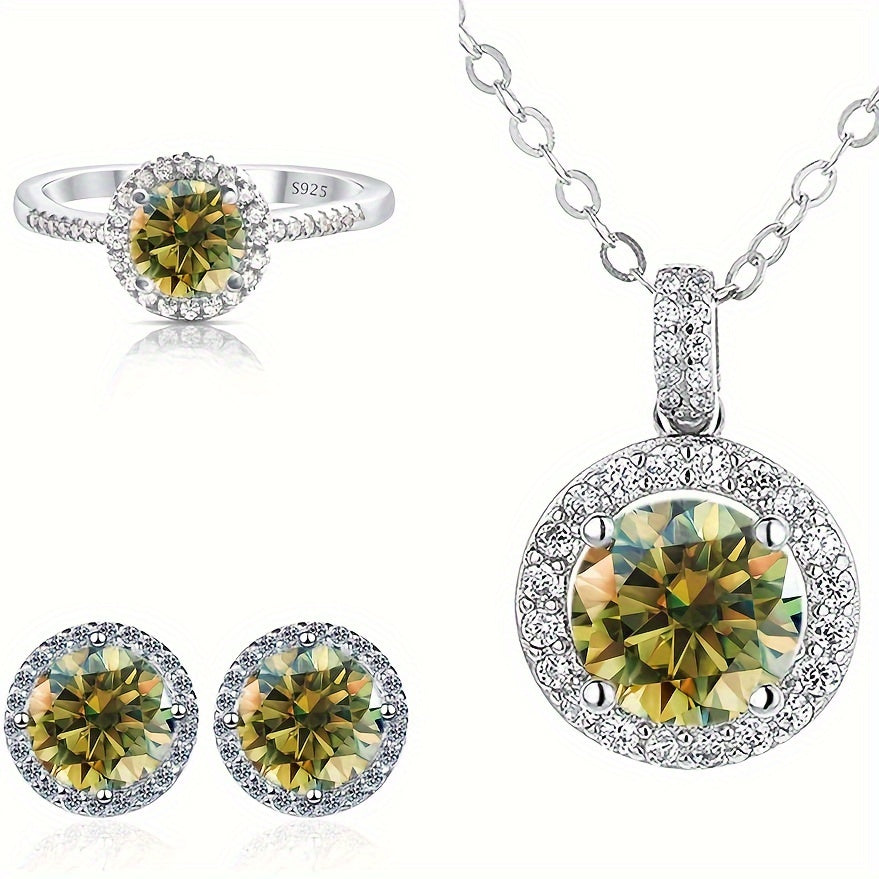 Multi-Piece Jewelry Set with 1 Carat Moissanite Pendant Earrings and Silver Ring