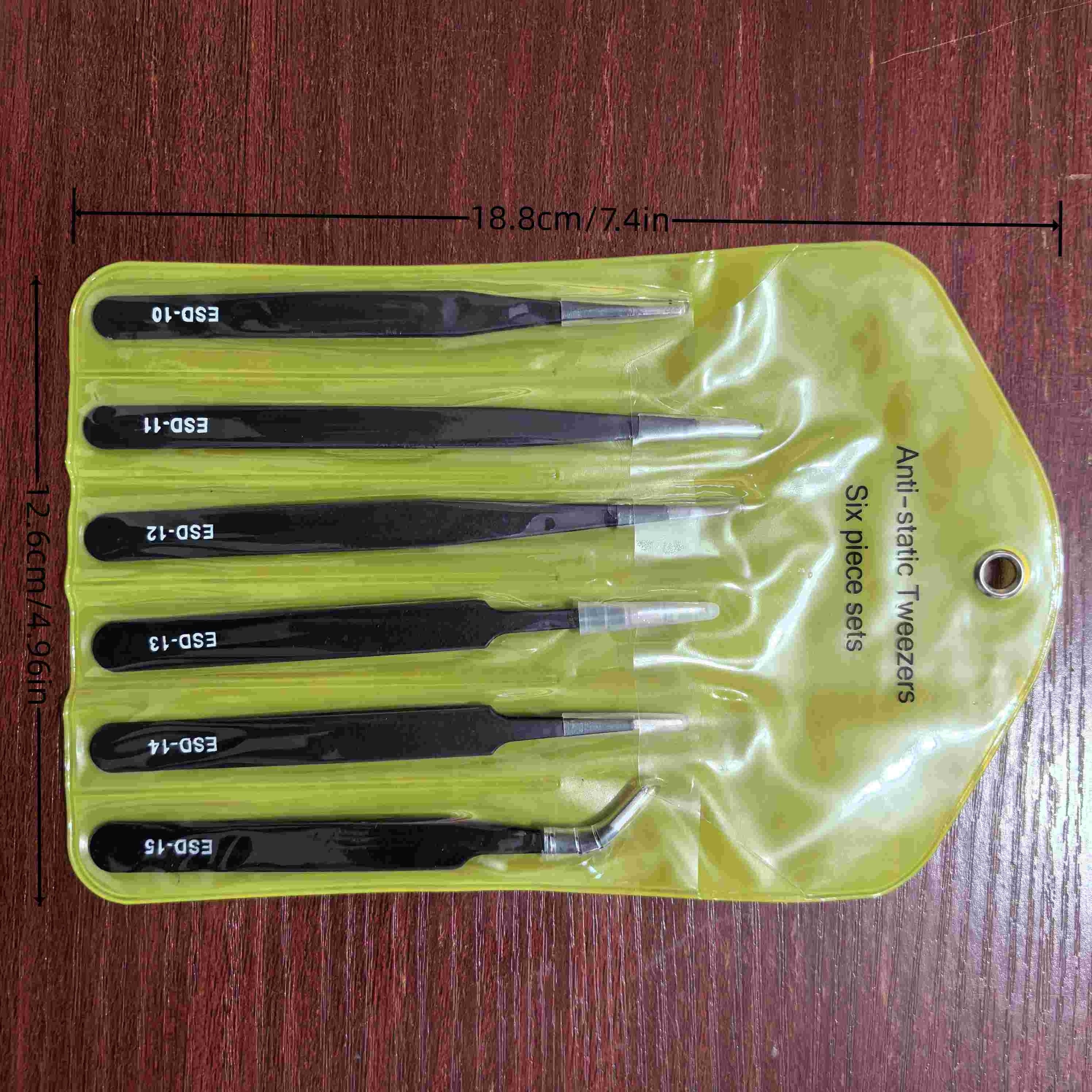 6-Piece ESD Safe Stainless Steel Tweezers Set for Precision Electronics Repair and DIY