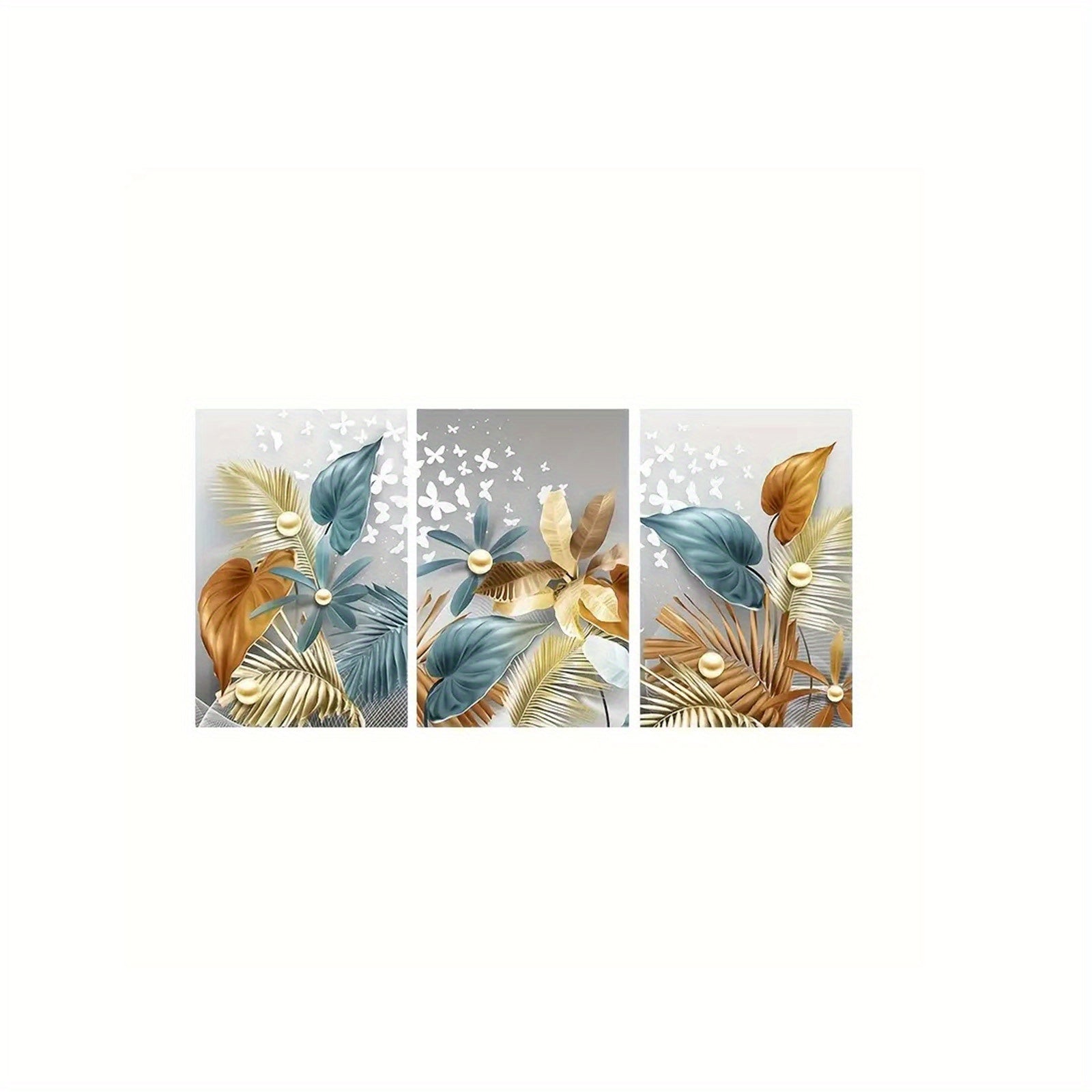 Frameless Canvas Wall Art Set of 3 Golden Butterfly Leaves Portrait 12x16 Inches