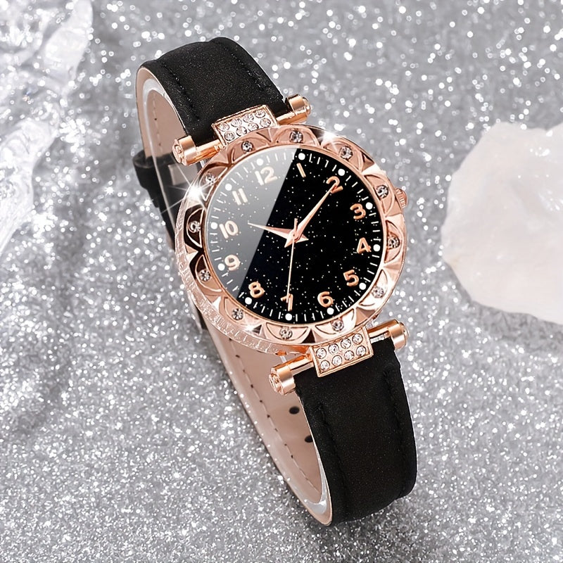 Women's Quartz Watch Set 3-Piece Round Dial PU Strap Elegant Gift