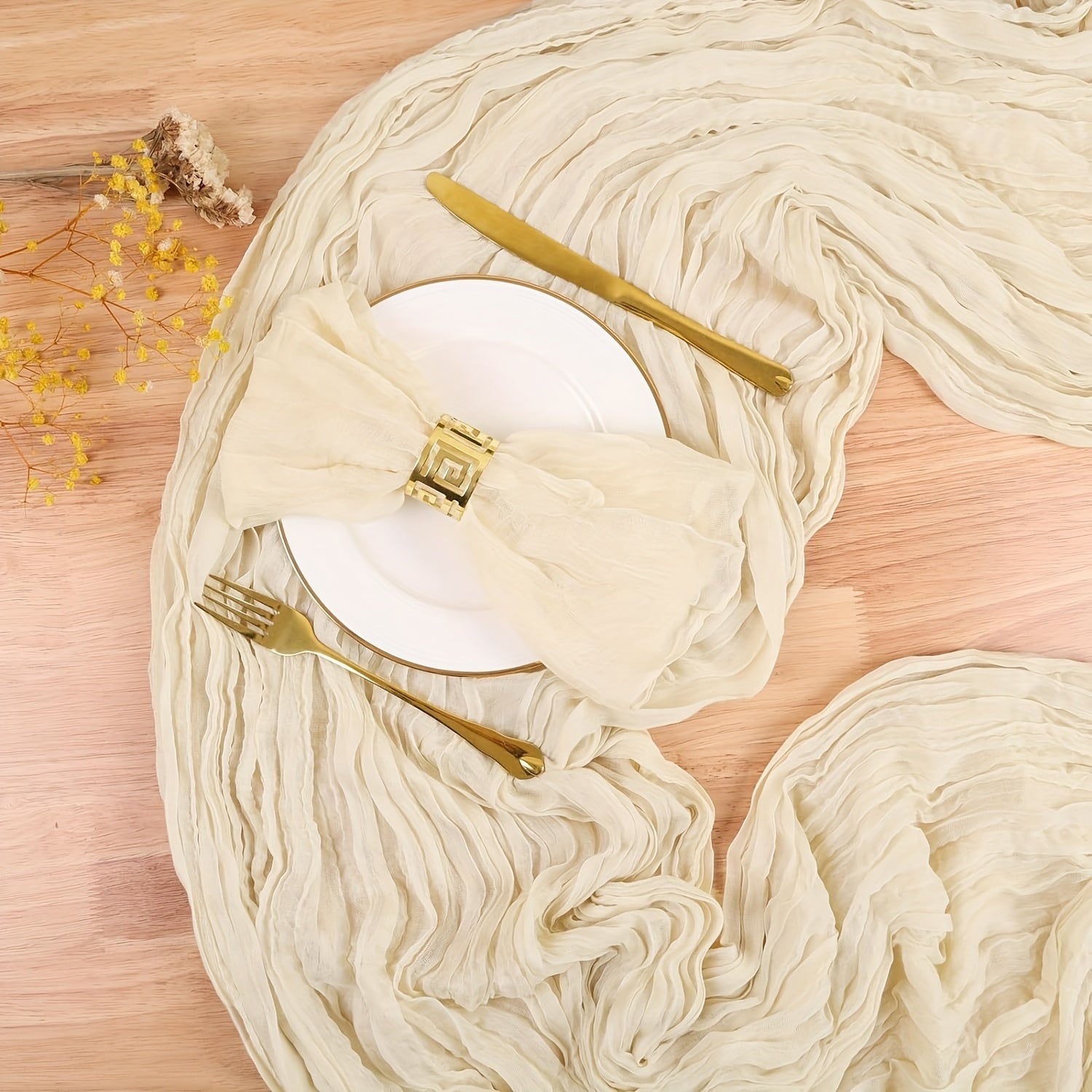 Balinese Pleated Table Runner Beige Fabric for Holiday and Wedding Decor