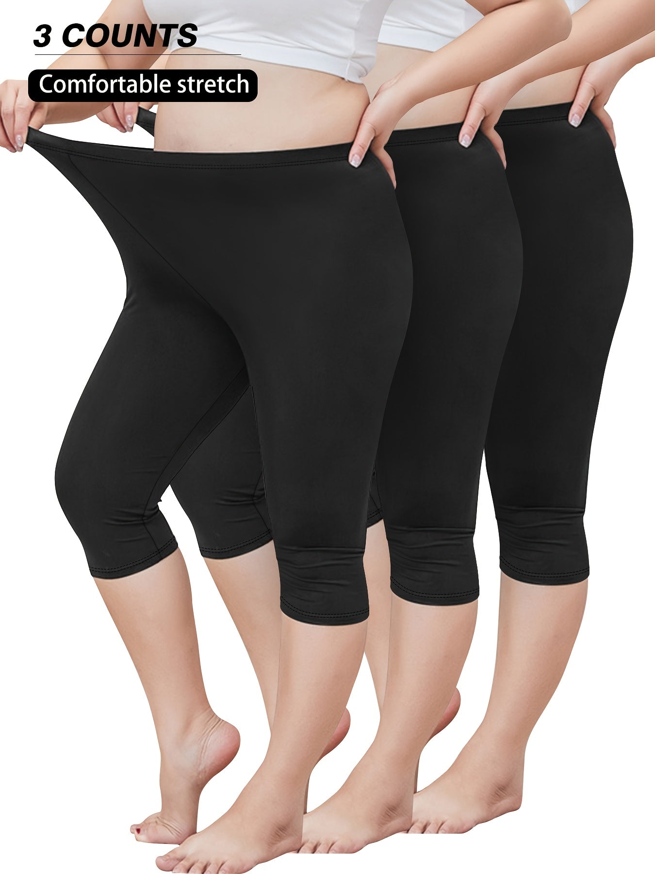 Women's High-Waisted Capri Leggings Soft Black 3/4 Length Yoga Workout
