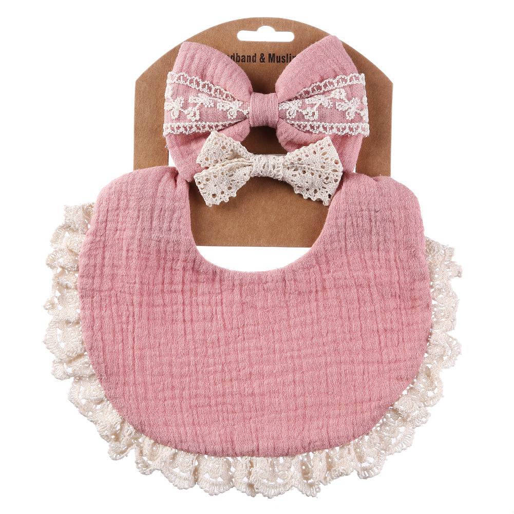 Baby Headbands and Bibs Set of Two with Stain-Resistant Baby Bib and Lace Bow Headband