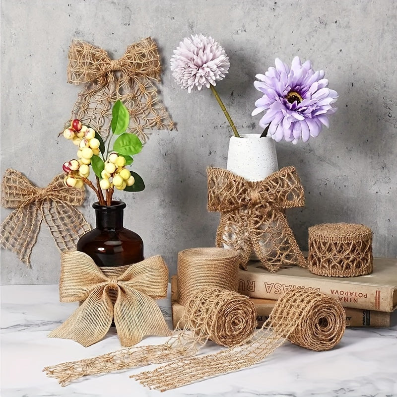 Set of 4 Vintage Linen Burlap Ribbon with Mesh for Holiday Parties and Gift Wrapping