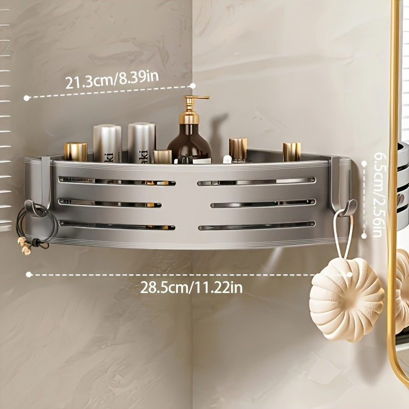 Aluminum Shower Organizer with Hooks Self-Adhesive Rust-Resistant Bathroom Shelf
