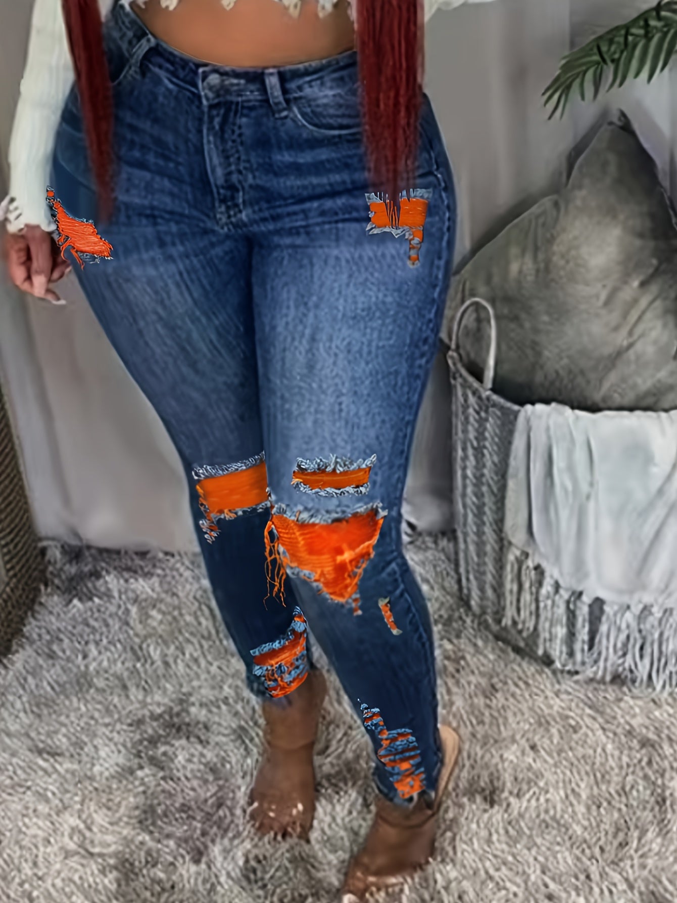 Women High Stretch Casual Jeans Large Size Colorful Ripped Holes