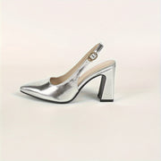 Women's Silver Snakeskin Pointed Toe High Heel Shoes with Backless Strap