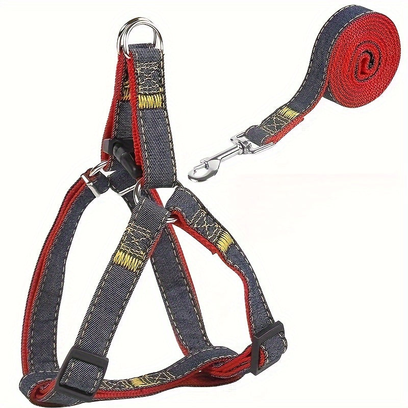 Adjustable Denim Dog Harness and Leash Set for Small to Large Breeds Polyester