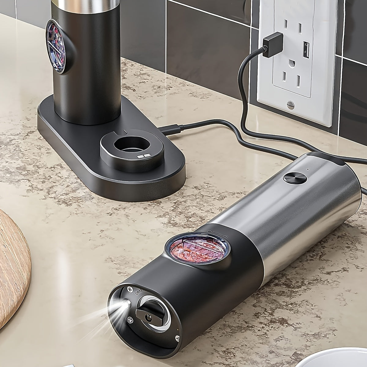 Set of 2 Stainless Steel Electric Salt and Pepper Grinders with Rechargeable Base