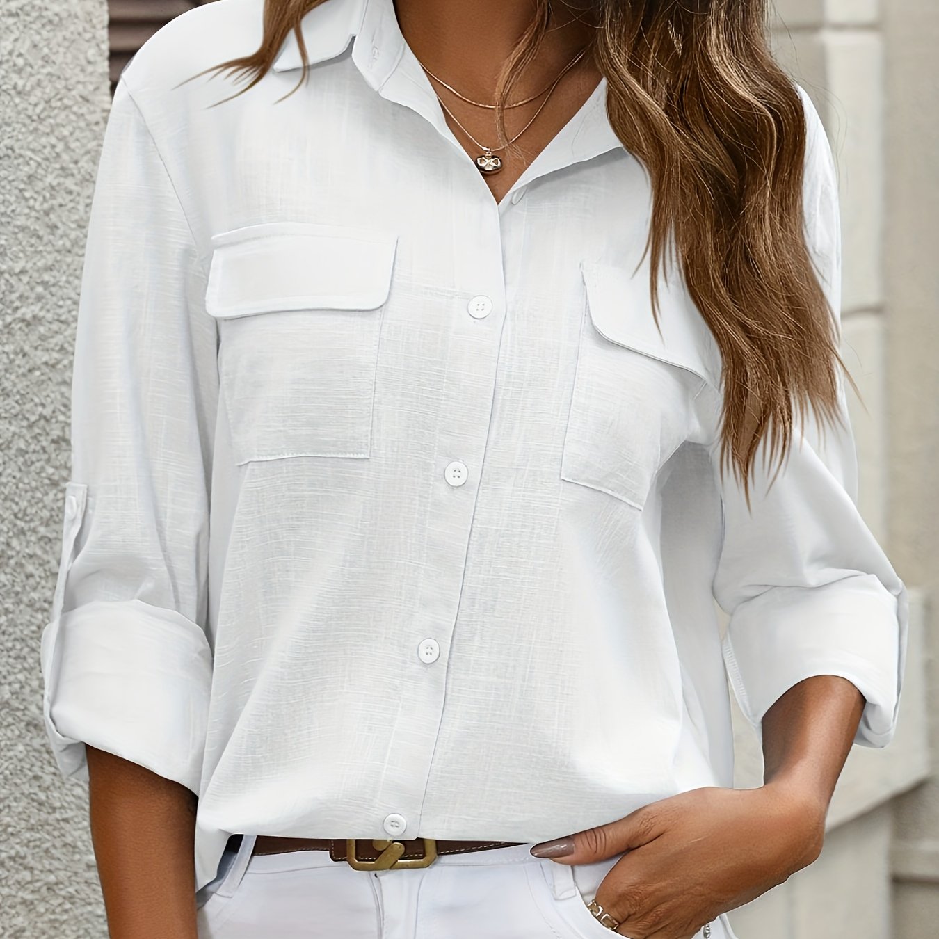 Women's Cotton Long Sleeve Shirt with Pockets and Button-Up Collar