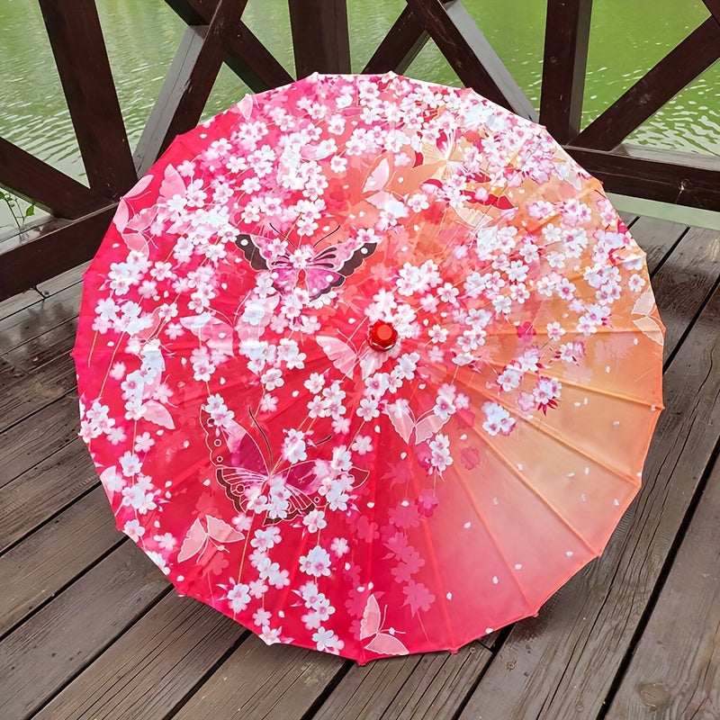 Chinese Cherry Blossom Parasol Umbrella with Bamboo Handle for Sun Rain Protection Weddings Parties