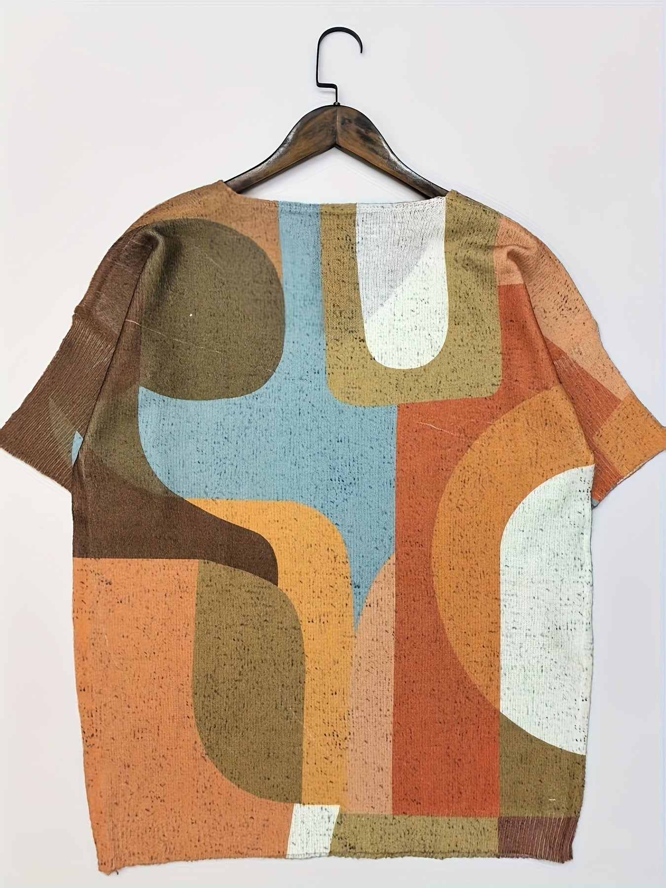 Топ женский с V-образным вырезом, длина миди, с рукавами, крупным геометрическим абстрактным принтом