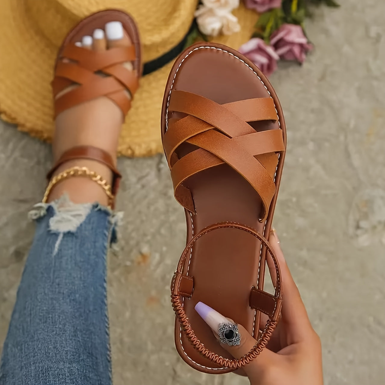 Women's Open-Toe Flat Sandals Casual French Retro Soft Sole