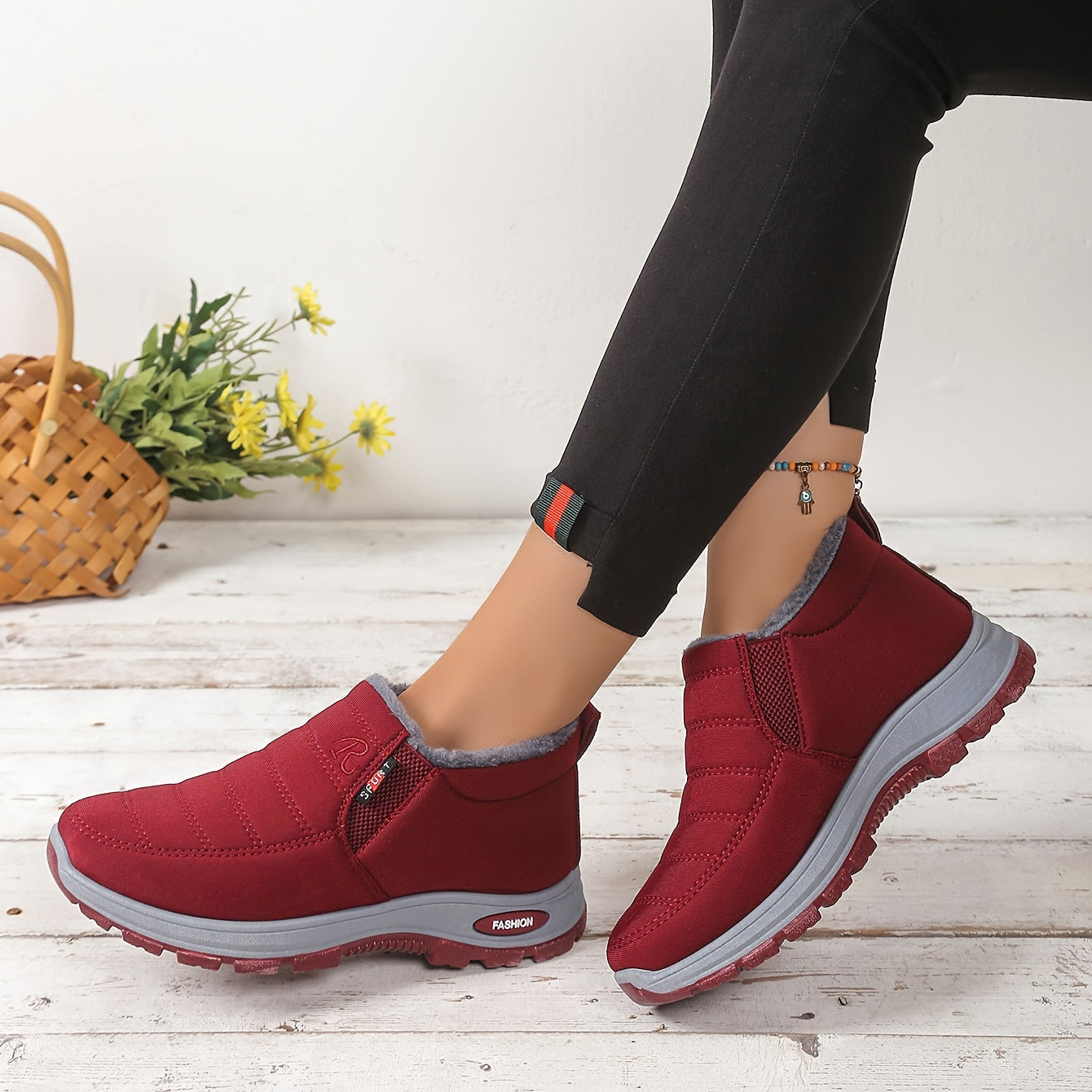 Women's Winter Ankle Boots Plush Fleece Lining Casual Slip-On Black