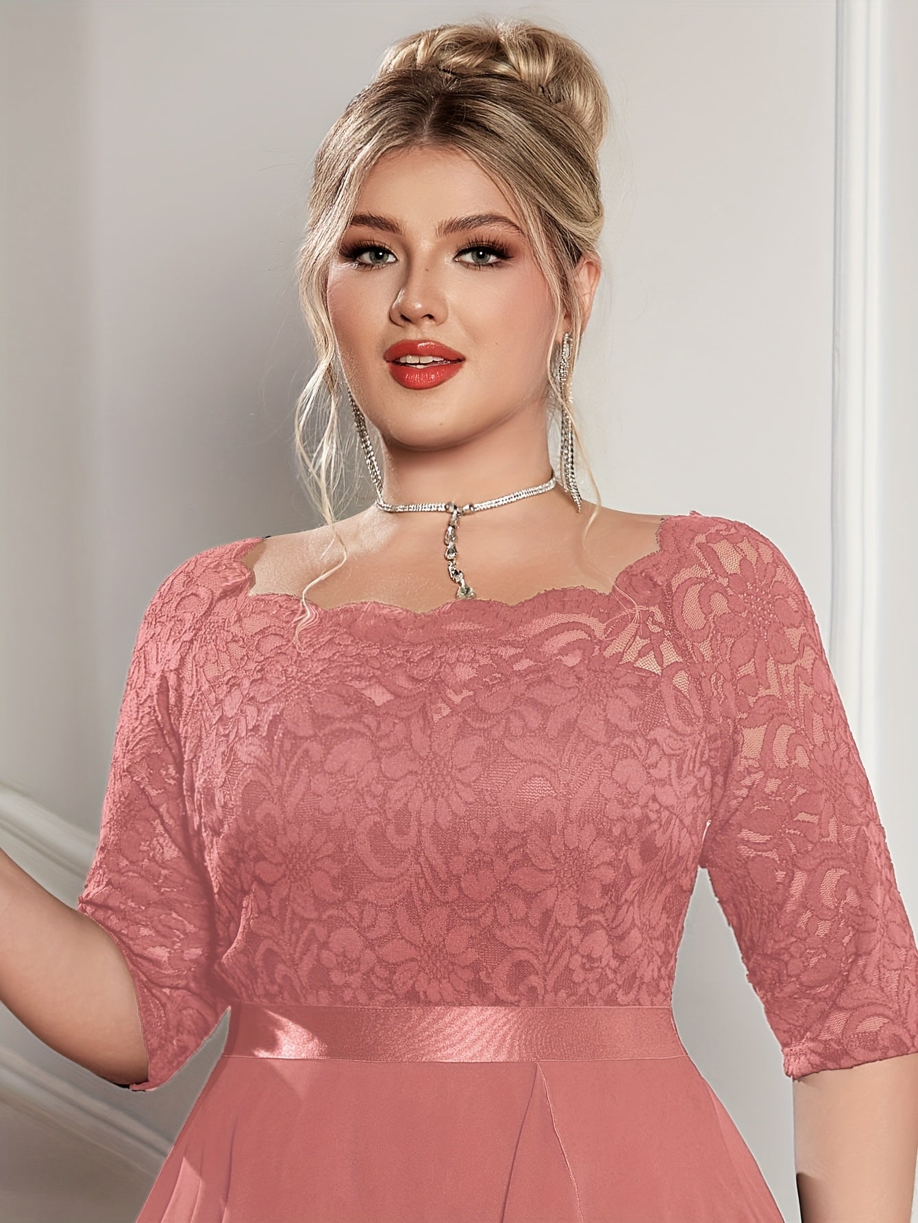 Plus Size Off Shoulder Lace Chiffon Midi Dress Ruffle Sleeve Wedding Party
