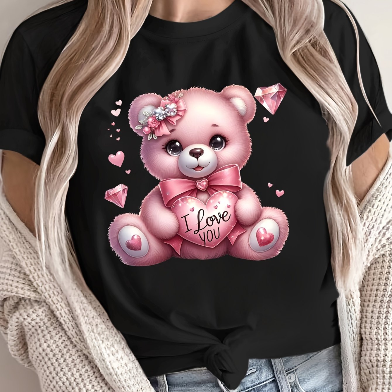 Women's Casual Crew Neck T-Shirt with Cartoon Bear Print Polyester Breathable All-Season