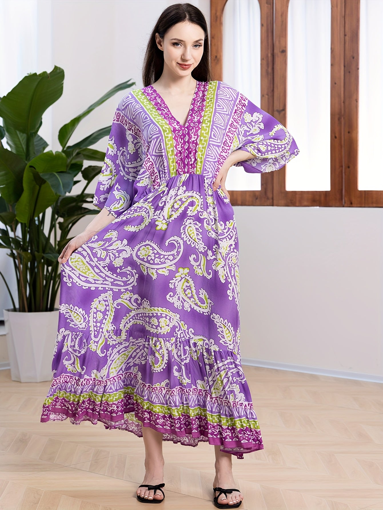 Plus Size Women's Bohemian Maxi Dress Vibrant Orange Blue Floral V-Neck