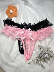 Women's Lace Trim Thongs with Faux Pearls Open Crotch Low Waist Sexy Lingerie