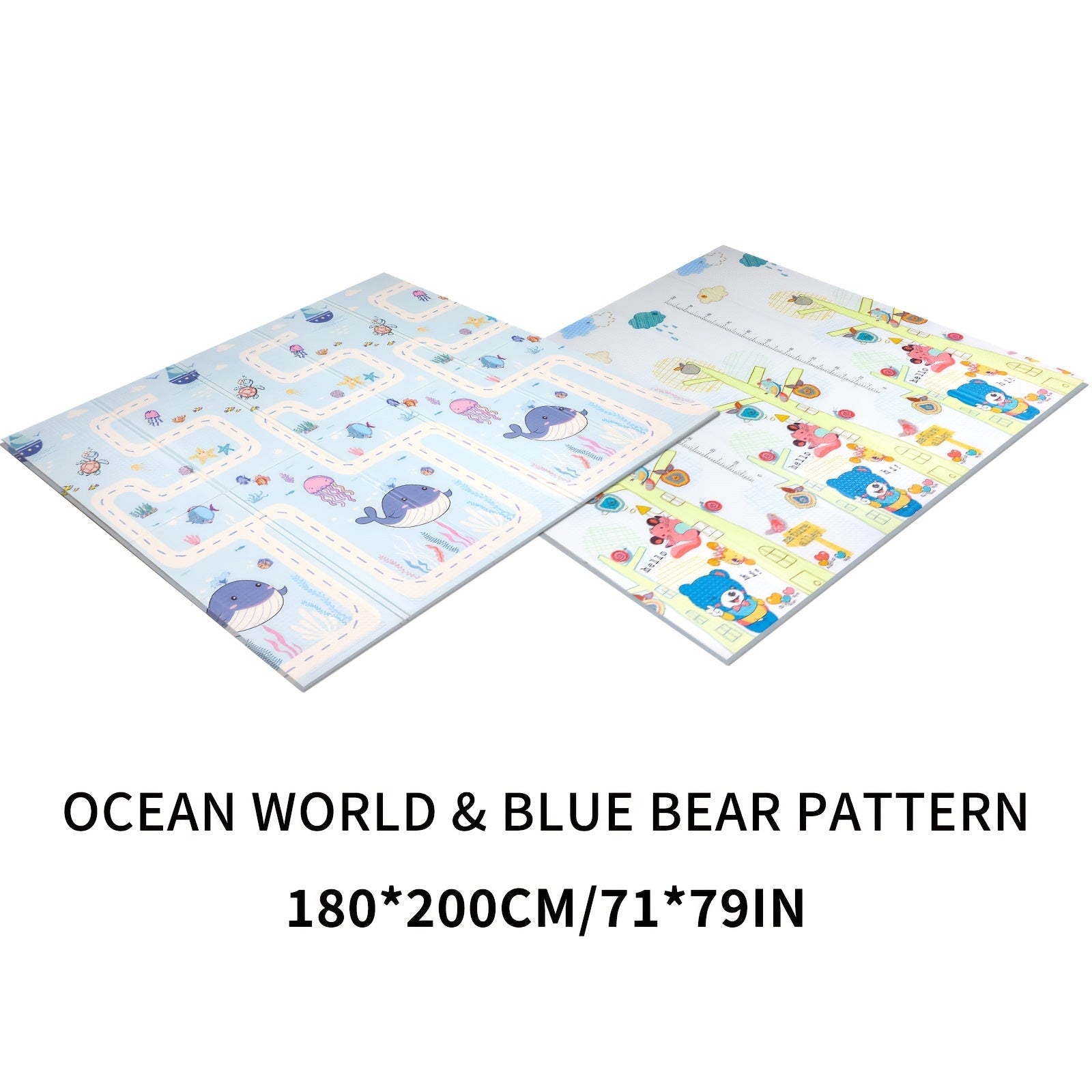 Waterproof Play Mat for Crawling and Walking Blue Cartoon Animal Design Non-Slip Foldable Nursery Floor Mat