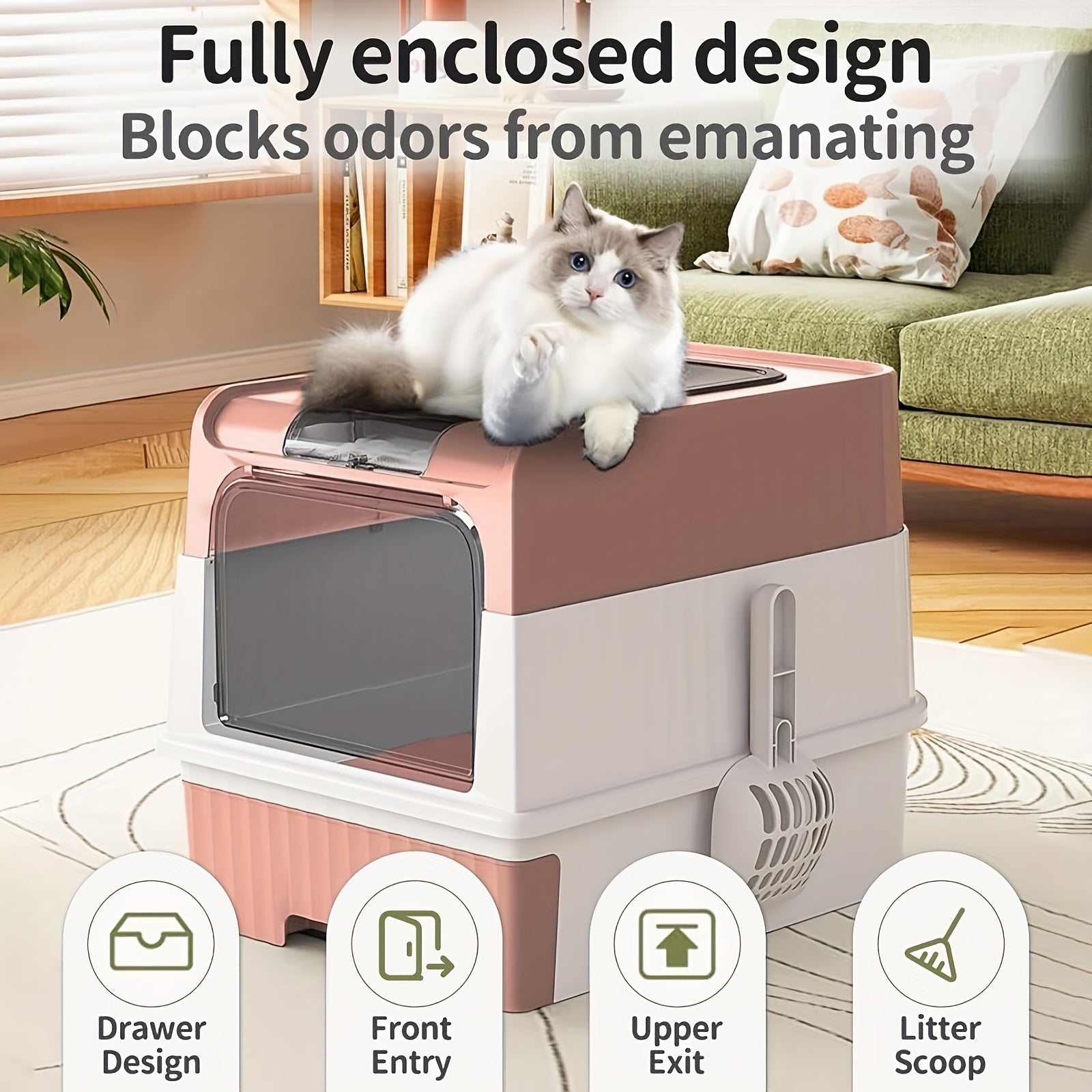 Large Polypropylene Cat Litter Box with Odor-Resistant Design Leak-Proof Top Entry and Easy-Clean Drawer